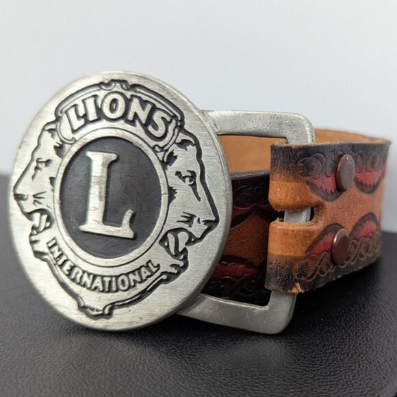 Vintage Lions International Pewter Buckle Tooled Leather Belt Size 36 - Picture 1 of 11